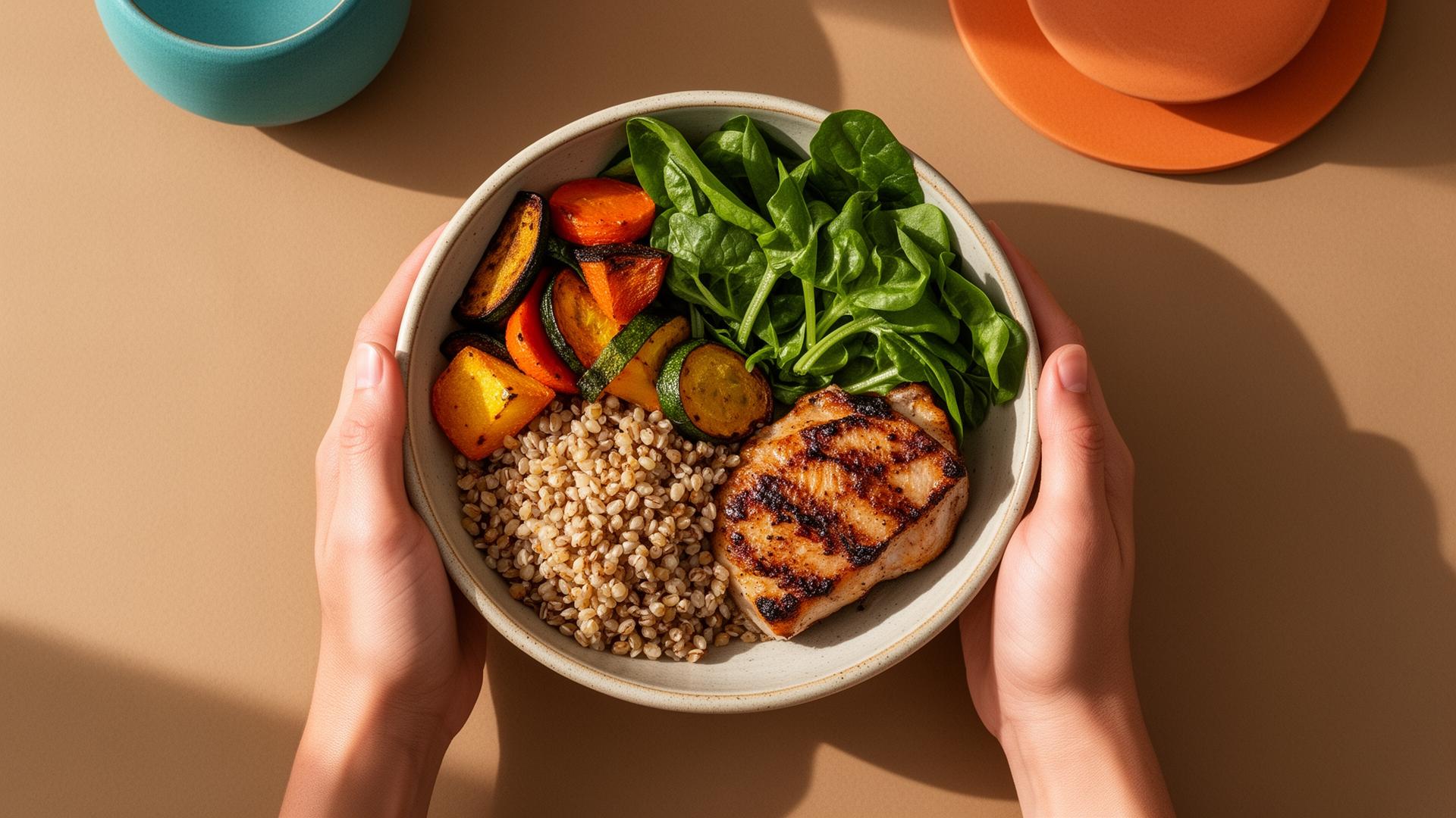 Manos sosteniendo un plato balanceado con vegetales, granos y proteína